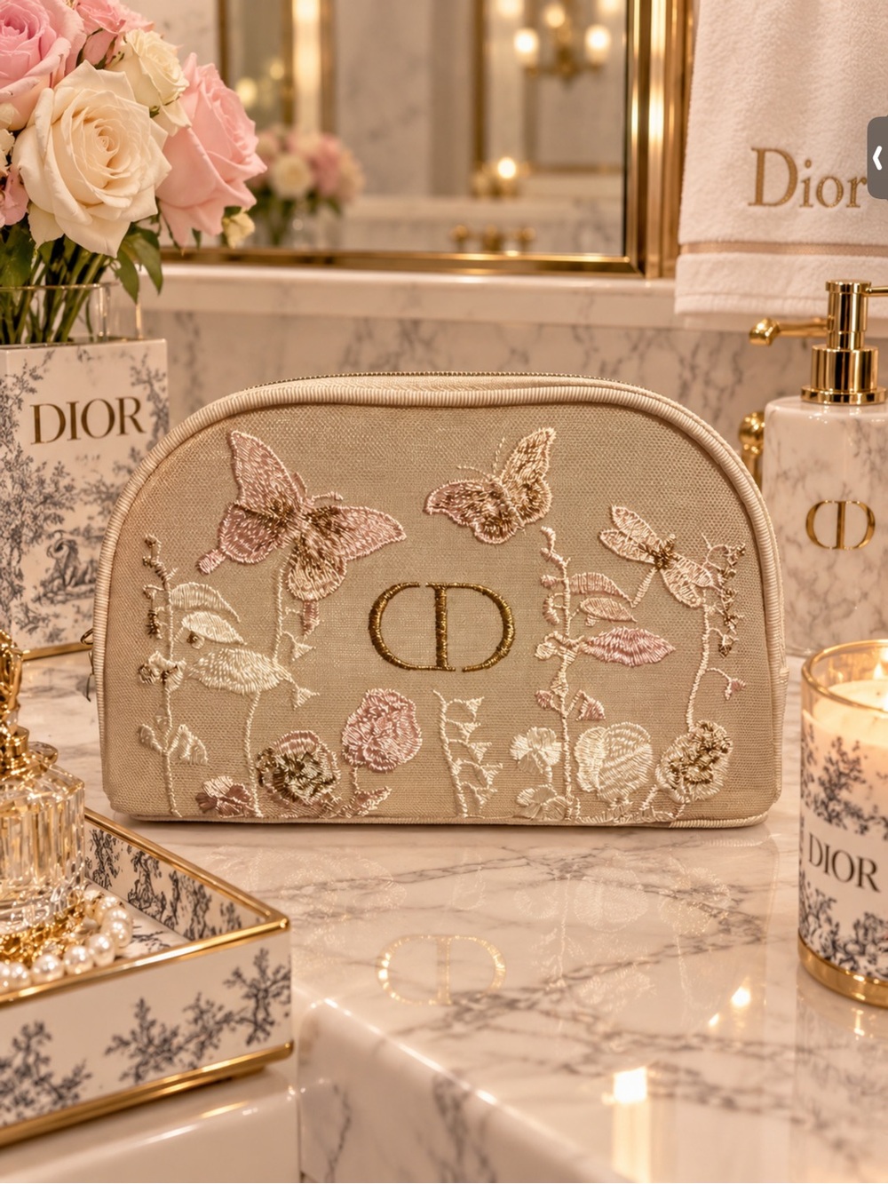 Dior Embroidered Beige Cosmetic Pouch with Gold CD Logo